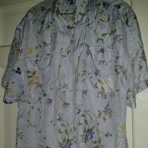 Silk Icon Purple Floral Button Blouse 100% Silk L